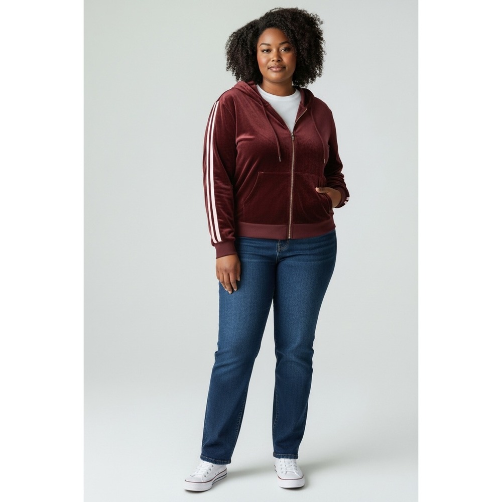 Rue 21‎ Velvet Track Jacket Burgundy Pink Stripe Zip Hoodie Women's